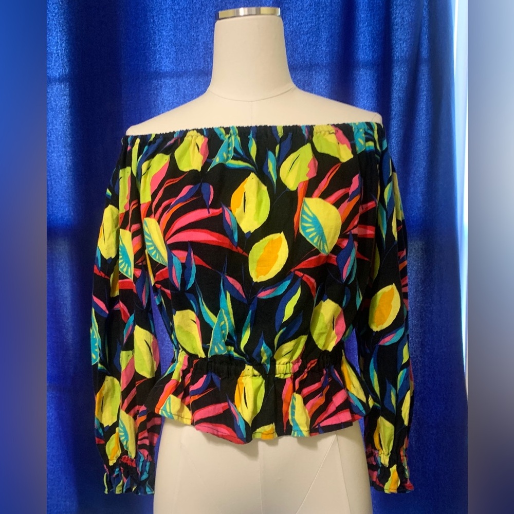 Off-Shoulder Fruit Print Lemon Peplum Black Top 3/4 SleeveLinen Blend